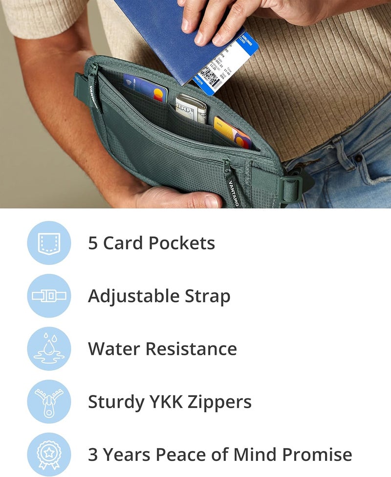 Vantamo حزام نقود مع RFID للرجال والنساء، حامل جواز سفر مخفي للسفر، حقيبة خصر للسفر بجيبين للنساء مضادة للسرقة - Image 5